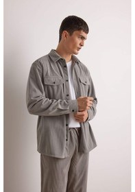 Resim Defacto Regular Fit Fitilli Kadife Uzun Kollu Gömlek F1518ax25augr454 Gri 