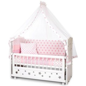 Resim Ahşap Beşik Anne Yanı Beşik Beyaz 60x120 Pembe Yıldız Tek Yastıklı Uyku Seti Yatak Pembe 