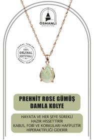 Resim OSMANLI DOĞAL TAŞ Prehnit Doğal Taş Rose Gümüş Damla Kolye 