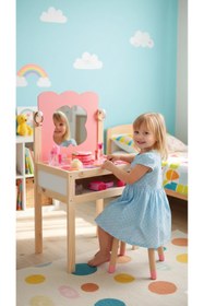 Resim Masal Oyuncak Ahşap Çocuk Güzellik Makyaj Masası Tabüreli 