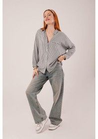 Resim Cep Detay Çizgili Oversize Gri Gömlek 