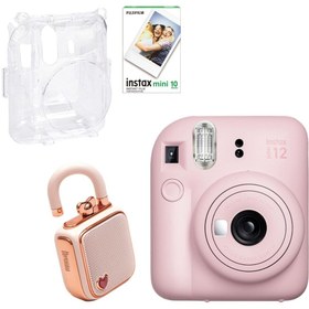 Resim Fujifilm Instax Mini 12 Pembe Fotoğraf Makinesi 10'lu Film Şeffaf Kılıf ve Divoom LoveLock Mini Ses 