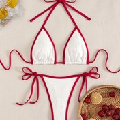 Resim 2 adet Seksi İtalyan Makarna Bikini Seti - Esnek Kumaş, Kırmızı ve Beyaz Straplez Mayo, Çiçek Detayları, Tanga Altı, Plaj, Havuz ve Parti Giyim için Mükemmel, Parti Mayo|Canlı Tasarım|Esnek Malzeme 