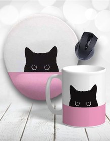 Resim GünayStore Siyah Pembe Kedi Bilek Destekli Mouse Pad Ve Kupa Bardak 