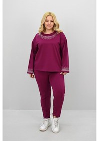 Resim Koza Butik Kadın Büyük Beden Taş Baskı Detaylı Yüksek Bel Eşofman Takımı 8175-25 Saks 