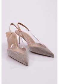 Resim Dgn 1773 Kadin Önü Taş İşlemeli Arkasi Açik Topuklu Ayakkabi 1773-1974-R2877 Bej Saten 