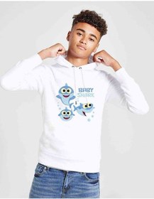 Resim Baby Shark Baskılı Unisex Çocuk Kapüşonlu Beyaz Sweatshirt 