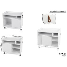 Resim Creo Mobili Sürgü Kapaklı Organizer Smart Keson, Frenli Tekerlekli Ofis Ve Ev Komodini, Beyaz 
