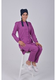 Resim Açık Mor Soft Likra Hemşire Doktor Tesettür Alt Üst Takım Üniform 