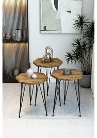 Resim 3'lü Sekizgen Zigon Sehpa Seti - Siyah Metal Ayaklı, Modern & Şık Yan Sehpa, Dayanıklı Salon Ofis Atlantik Çam 