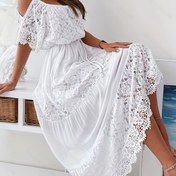 Resim Büyük Beden - Kadınlar için Sarı Dantelli Omuz Askılı Maxi Elbise, Volanlı Kollara ve Detaylara Sahip - Tatil, Plaj ve Rahat Hafta Kıyafeti İçin Mükemmel, Plaj Kıyafeti|Dantel Detayları|Esnek Kumaş 