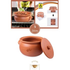 Resim Elizi Çömlekleri El Yapımı Kapaklı Toprak Güveç Tencere Orta Boy Astarlı 5 Litre (Özel Kırılmaz Köpük Ambalajında) 