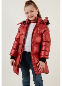 Resim Lela Peluş Astarlı Yakası Suni Kürklü Çıkarılabilir Kapüşonlu Kışlık Kız Çocuk Mont 5761908 Kırmızı 