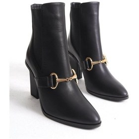 Resim Mubiano Hakiki Deri Collection Kadın Metal Tokalı Lastik Detaylı Topuklu Kısa Bot Siyah - Mcalm2262 - S Siyah 
