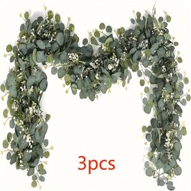 Resim 3 Adet Yapay Okaliptüs Çelenk Beyaz Çiçeklerle - 177.8cm Sahte Yeşillik Sarmalları Düğün, Parti, Ev Dekoru İçin - Tüm Mevsimler ve Çeşitli Oda Tipleri İçin Çok Yönlü Asılabilir Plastik Bitkiler - Konteyner Dahil Değildir, Ev Dekoru için Yapay Bitkiler 
