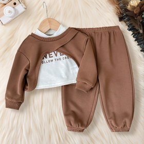 Resim Kızlar İçin İlkbahar/Sonbahar Günlük Yuvarlak Yaka Uzun Kollu Sweatshirt + Elastik Bel Düz Renk Pantolon + Harf Baskılı Yelek Üç Parça Takım, Dış Mekan İçin Mükemmel 