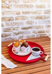 Resim Metal 4 Lü 51 37 45 30 Cm Kırmızı Ahşap Kulplu Yuvarlak Tepsi Seti, Kahvaltı Tepsisi Kırmızı 