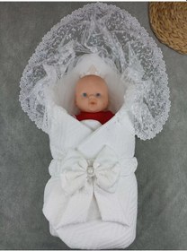 Resim Yenidoğan Kumru Plazma Taçlı Lüks Kundak Bebek Battaniyesi Ekru Çok Renkli 
