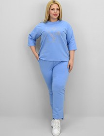 Resim Kadın Büyük Beden Kısa Kollu Çiçek İşlemeli Eşofman Takımı 8199-25 - 3XL / Mürdüm 