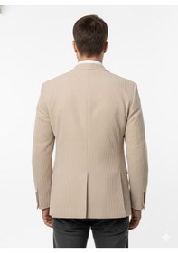 Resim Plus Scorpion Erkek Bej Slim Fit Blazer Ceket Çizgili Dokulu Kumaş Çift Düğmeli Açık Bej 