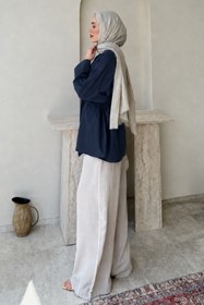 Resim Tesettür Diyarı Dekta Cotton Kumaş Broş Kemerli Tesettür Gömlek- Lacivert Standart (38-42 Uyumlu) 
