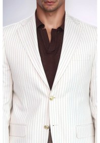 Resim Ekru Çizgili Keten Dokulu Gold Renk Metal Düğmeli Slim Fit Erkek Blazer Ceket Wessi Beige 