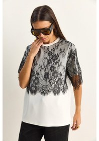 Resim Shade Kadın Üstü Dantel Detaylı Oversize Basic T-shirt 1092 60286104 - Beyaz-siyah Beyaz - Siyah 
