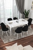 Resim Canisa Concept Via Serisi 80x132 Açılabilir Mutfak Masası Takımı Beyaz Mermer Desen Masa 6 Siyah Sandalye 