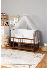 Resim Ahşap Beşik Anne Yanı Beşik Ceviz 60x120 - Beyaz Güpür Uyku Seti + Yatak Ceviz 