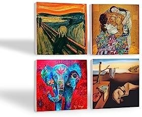 Resim Salvador Dalí Belleğin Azmi, Fil, Çığlık, Gustav Klimt Aile Kucaklama Taş Bardak Altlığı Seti - 4 Parça - Dekoratif, Rustik Mutfak Aksesuarı, 10x10 cm, Kaydırmaz Tabanlı SC580 