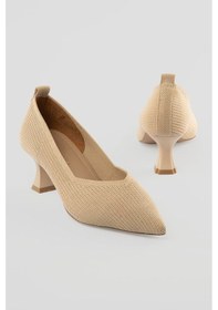 Resim Kadın Triko Stiletto Sivri Burun Topuklu Ayakkabı Astrev Bej Bej 