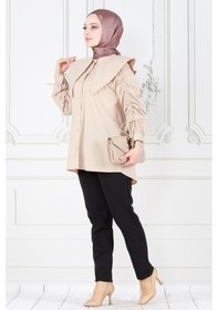 Resim Sevitli Büyük Yaka Kolu Büzgü Detaylı Tunik-bej-3858-bej Bej 