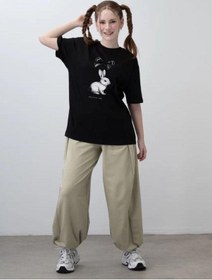 Resim Zekids Kız Çocuk Tavşan Baskılı Oversize Tasarım Tshirt-15538 Siyah 