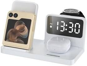 Resim Bix BXMW4 Alarmlı Saat Özellikli 15W Akıllı Telefon TWS Kulaklık Akıllı Saat için Çok Fonksiyonlu Kablosuz Şarj Standı iPhone AirPods için Wireless Şarj Kaynağı (Beyaz) 