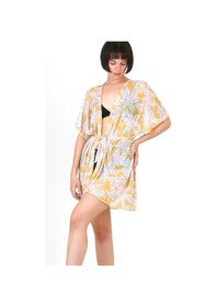 Resim Pareo Plaj Elbisesi Kimono Std Yazlık Oversize Tül Gömlek Kemerli Elbise Çiçekler Sarı 