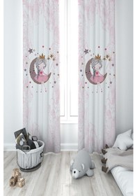 Resim Mekta Home Bebek Ve Çocuk Odası Ay Üzerinde Oturan Kız Desenli Motifli 2 Kanat Fon Perde 