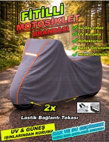 Resim CoverPlus TURUNCU FİTİLLİ GRİ Tüm Modellere Uyumlu Motosiklet Brandası Motor Brandası,Yağmur Su Geçirmez 