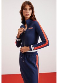 Resim Grimelange Anıta Kadın Örme Slim Fit Parça Baskılı Dik Yaka Lacivert Ceket 