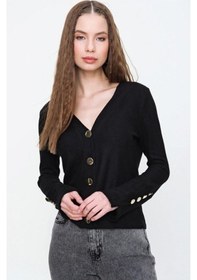 Resim Kadın Gold Düğme Detaylı Yumuşak Dokulu Triko Hırka 3007230 Siyah 