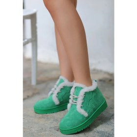 Resim Mida Shoes Simya Yeşil Süet Bağıcıklı Kürklü Kadın Bot 