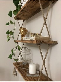Resim VENTO HOME Genel Markalar Ahşap Dekoratif 3’lü Halatlı Raf Demonte 
