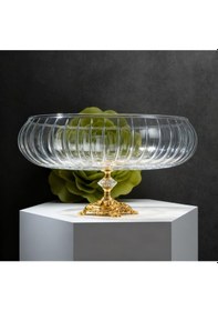 Resim Elta Collection Lotus Kristal 24 Cm Kesme Dekor Metal Ayaklı Salata Kasesi Cam Sunumluk- Servis Tabağı Gold 