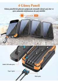 Resim 20000mah Solar Powerbank - Katlanabilir 4 Panel, Darbeye Dayanıklı Kasa Ve Fenerli Kamp Şarj Aleti Siyah Turuncu 