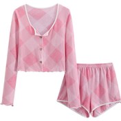 Resim Kadınlar için pembe ekose desenli rahat uzun kollu şortlu pijama takımı 