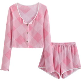 Resim Kadınlar için pembe ekose desenli rahat uzun kollu şortlu pijama takımı 