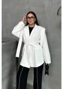 Resim Kadın Oversize Blazer Ceket Kuşaklı Omuz Detaylı Beyaz 