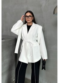 Resim Kadın Oversize Blazer Ceket Kuşaklı Omuz Detaylı Beyaz 
