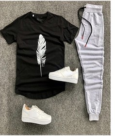 Resim NewCabin Unisex Siyah Yaprak Baskılı Tişört Gri Eşofman Altı Kombin Alt Üst Takım 
