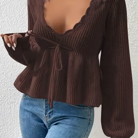 Resim Derin V yakalı Midye Kenarlı Kazak, Sonbahar ve Kış için Şık Uzun Balon Kollu Bağcıklı Beli Sarkan Kazak, Kadın Giyim 