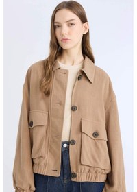 Resim DeFacto Su Geçirmez Regular Fit Polo Yaka Pamuk Astarlı Keten Karışımlı Mont E3374AX25SPBN561 Kahve 